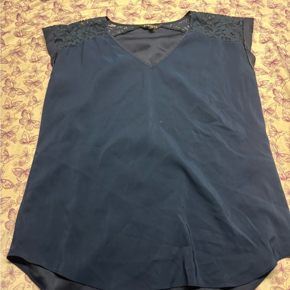 🍄Express Navy V-Neck Blouse with Lace Shoulders - Picture 1 of 2